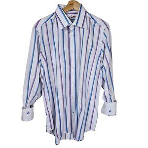 Robert Graham Striped Button-Up Shirt Sz M/L Cotton Embroidered Spider Flip Cuff